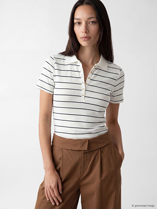 LCW EVERYDAY Polo Yaka Çizgili Kadın Tişört