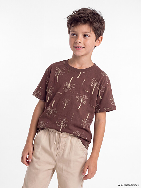 LCW Kids Bisiklet Yaka Palmiye Baskılı Erkek Çocuk Tişört