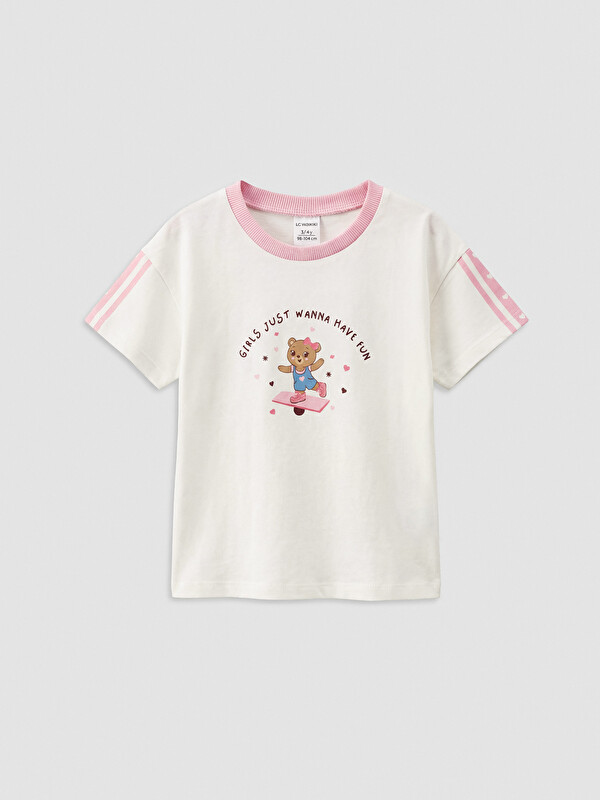 LCW Kids Bisiklet Yaka Baskılı Kolları Şeritli Kız Çocuk Tişört
