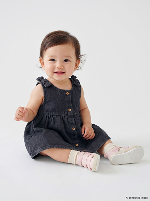 LCW baby Fiyonk Detaylı Kız Bebek Jean Elbise