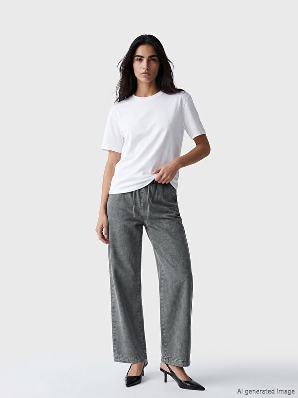 Natuvera Beli Lastikli Wideleg Kadın Jean Pantolon