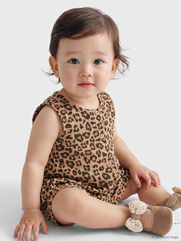 LCW baby Leopar Desenli Müslin Kız Bebek Şortlu Takım