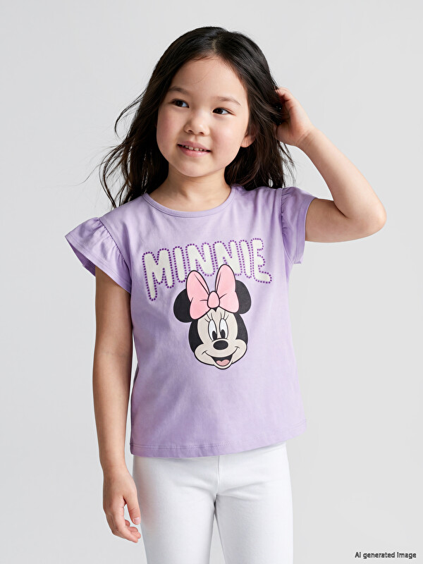 LCW Kids дөңгелек жағалы минни маус принтті қыздарға арналған футболка
