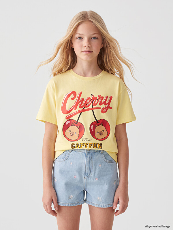 LCW Kids Crew Neck Capyfun Printed Girls' T-Shirt