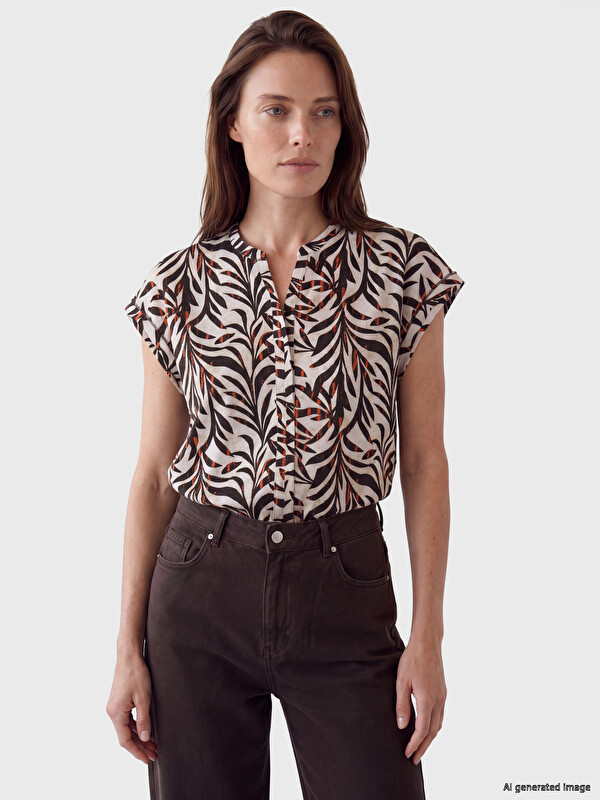 LCW Grace Notch Neck Patterned 100% Cotton Blouse