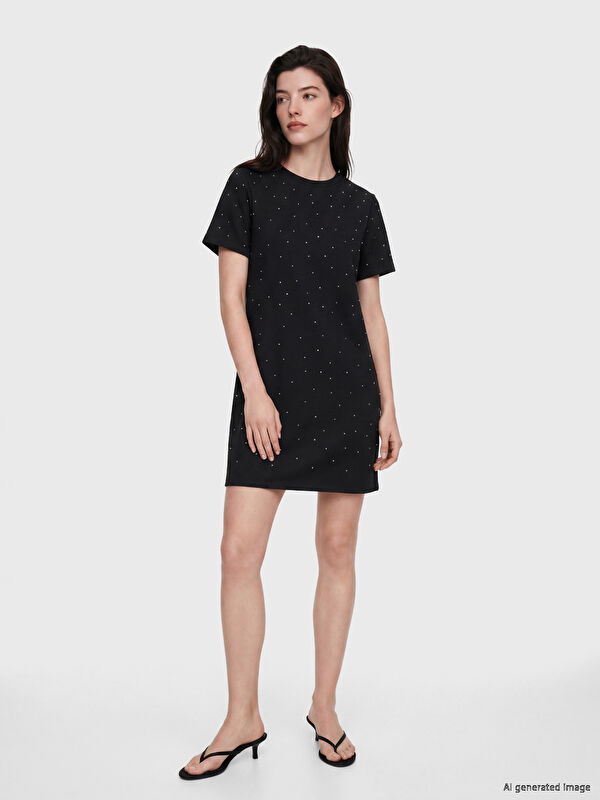 LCW Comfort Bisiklet Yaka Taşlı Mini Elbise