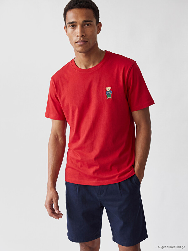 LCW Vision Crew Neck Bear Teddy Embroidered Men's T-shirt