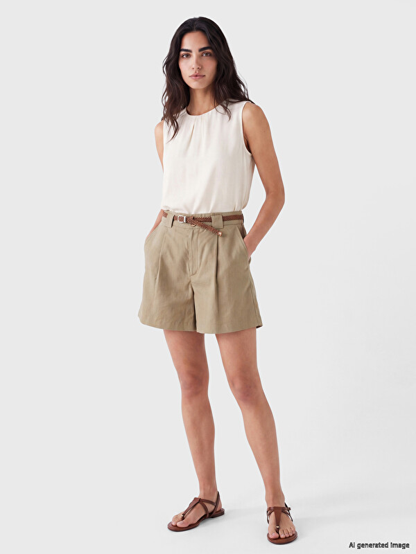 LCW Vision Belted Linen Blend Pleated Women's Shorts