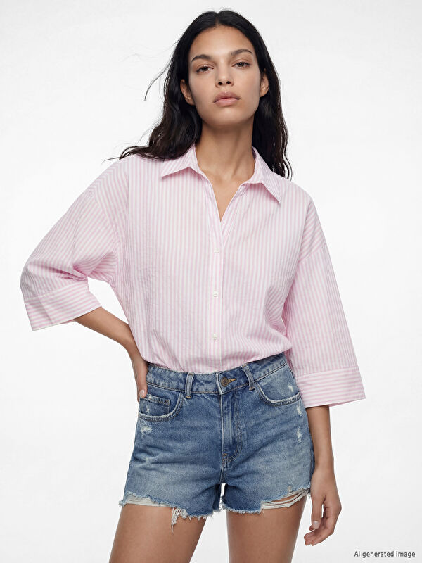 LCW Vision Çizgili Oversize Poplin Kadın Gömlek
