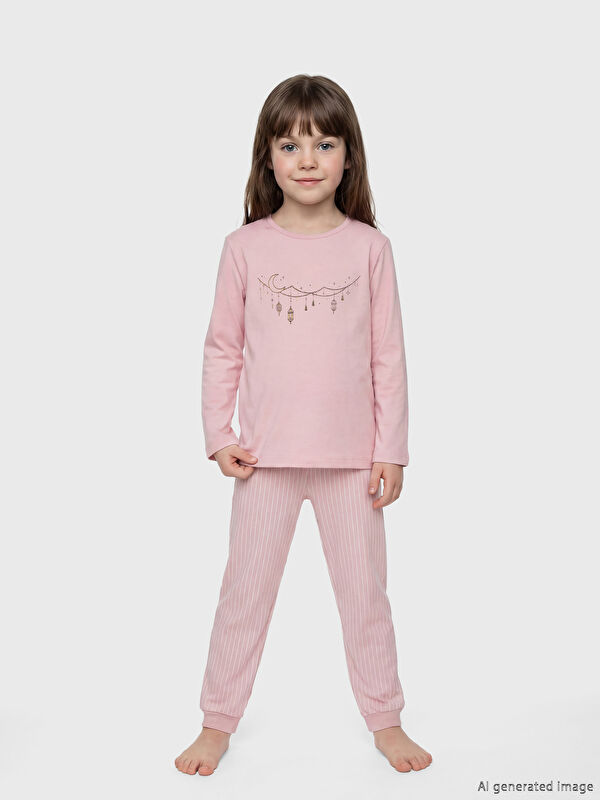 LCW Kids Bisiklet Yaka Kız Çocuk Baskılı Pijama Takım