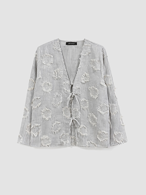 LCW Modest V Neck Front Tie Textured Women's Kimono