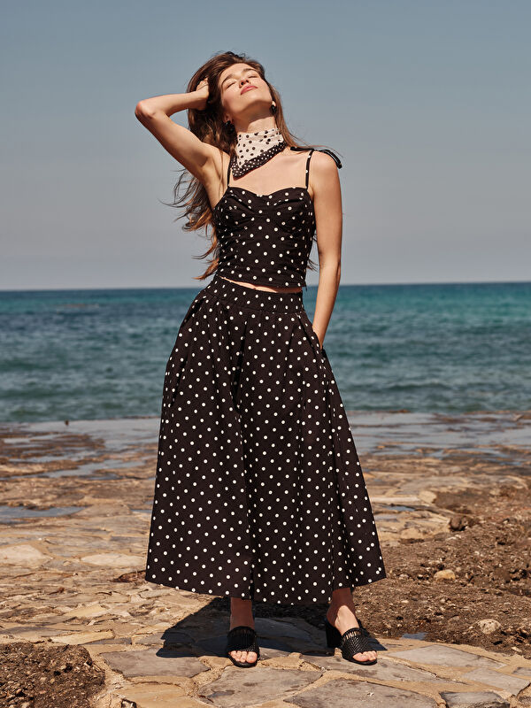 XSIDE Beli Lastikli Puantiyeli Poplin Pileli Etek