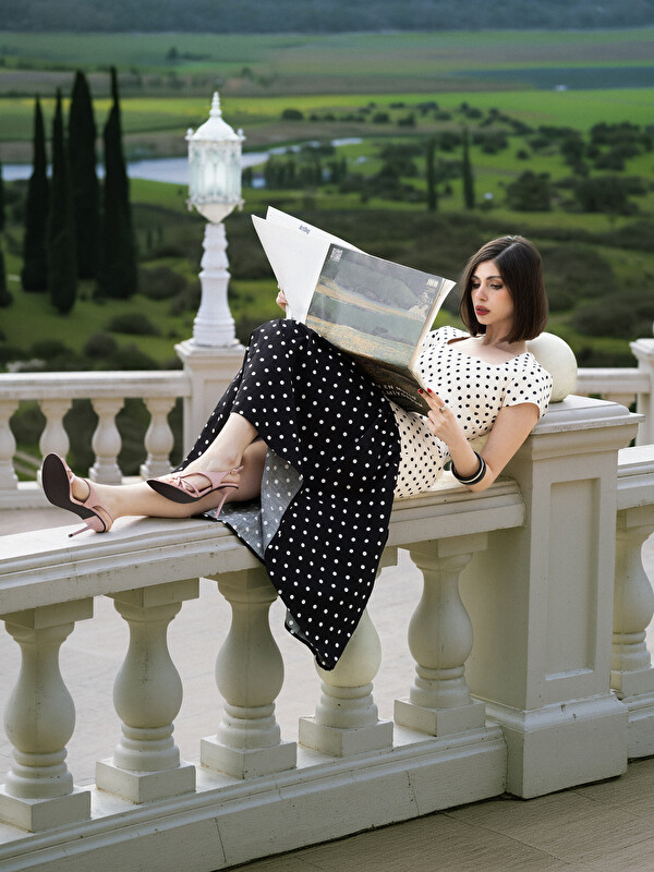 XSIDE Elastic Waist Polka Dot Poplin Pleated Skirt