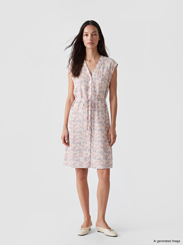 LCW STUDIO V Neck Sash Waisted Floral Dress
