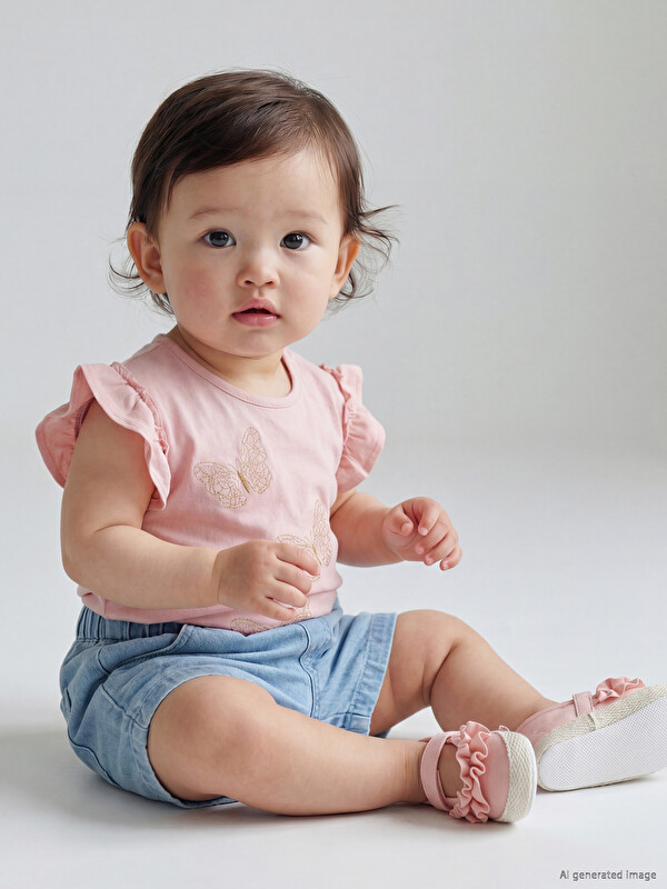 LCW baby Bisiklet Yaka Nakışlı Fırfırlı Kız Bebek Tişört