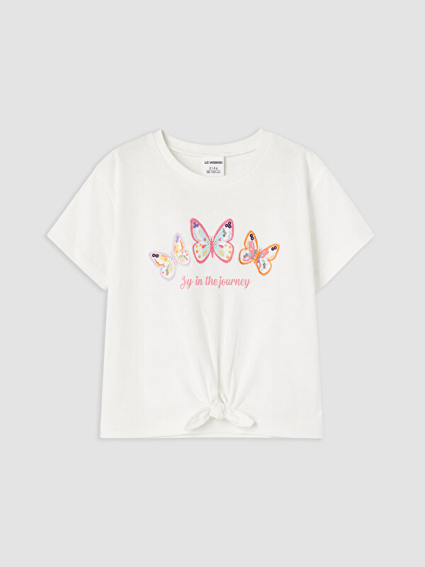 LCW Kids Crew Neck Printed Front Tie Girls' T-shirt