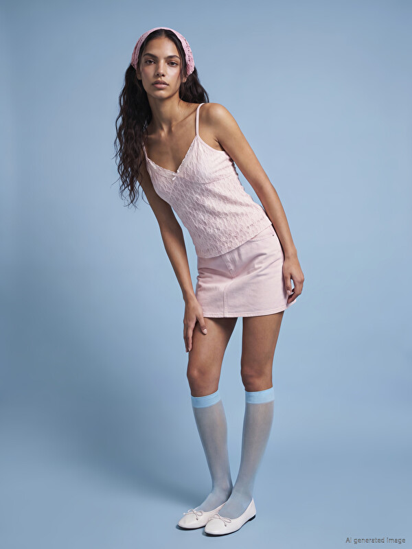 XSIDE V Yaka Dantelli İp Askılı Crop Bluz
