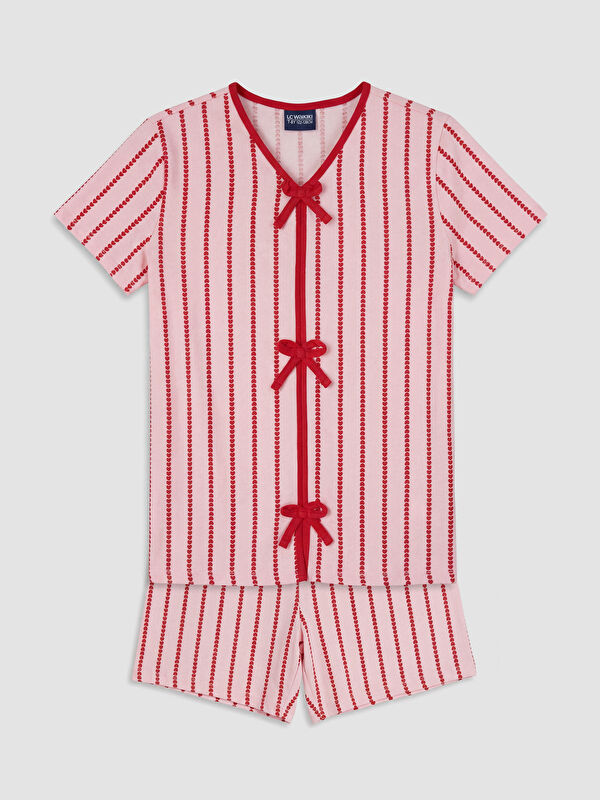 LCW Kids Fiyonk Detaylı V Yaka Kız Çocuk Şortlu Pijama Takımı