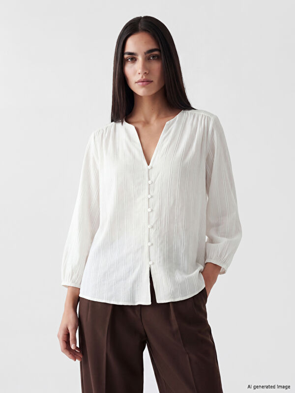 LCW Vision Kaçık Yaka Çizgili Oversize Armürlü Bluz