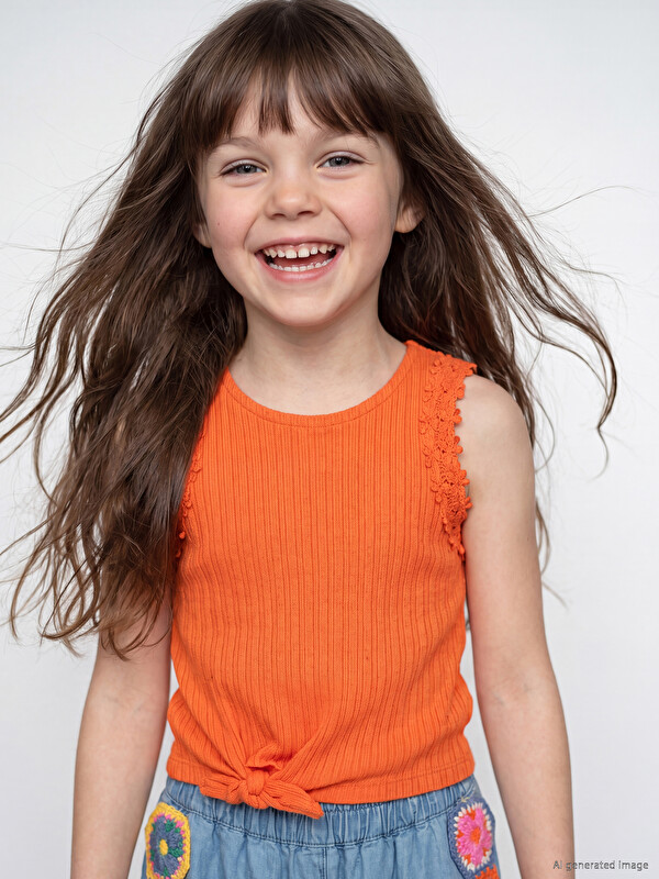 LCW Kids Дөңгелек жағалы мережка детальді қыздарға арналған майка