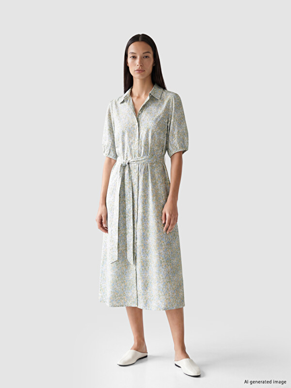 LCW EVERYDAY Floral Puff Sleeve Sash Shirt Dress