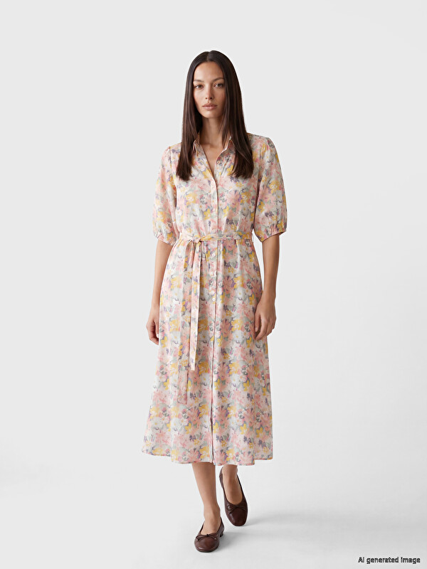 LCW EVERYDAY Floral Puff Sleeve Sash Shirt Dress