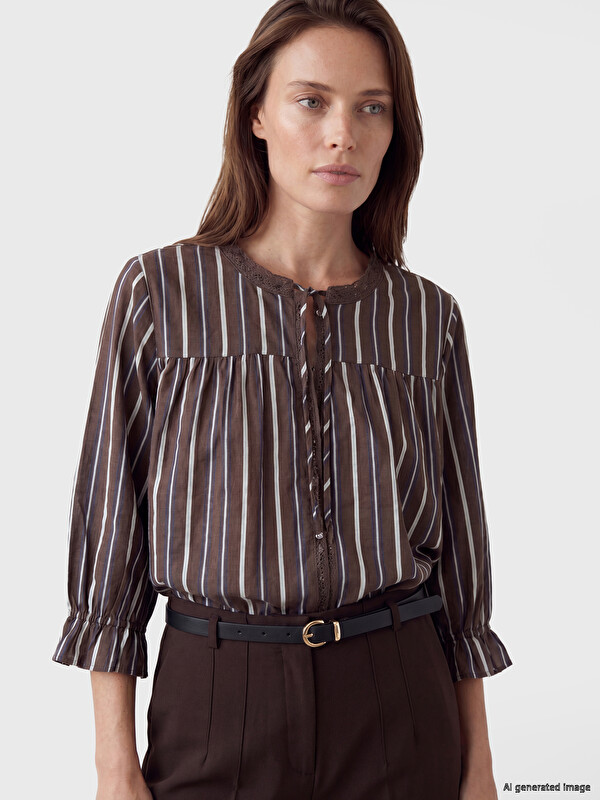 LCW Grace Tie Neck Laced Striped Blouse
