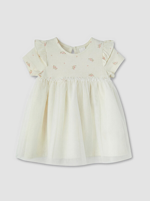 LCW baby Bisiklet Yaka Çiçekli Tüllü Kız Bebek Elbise