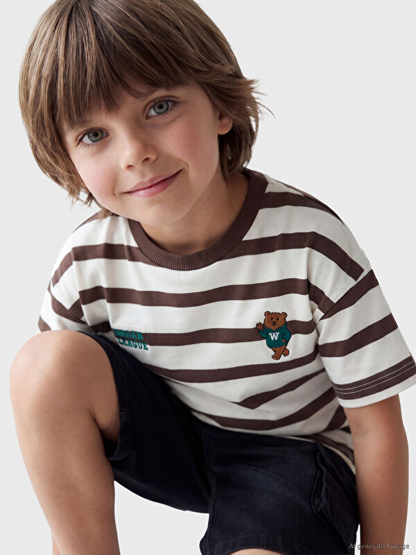 LCW Kids Bisiklet Yaka Çizgili Erkek Çocuk Tişört