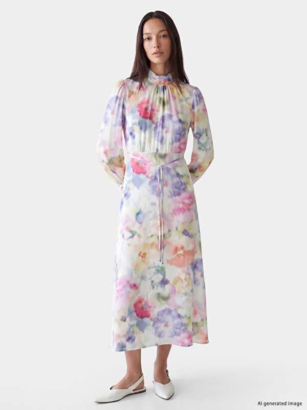 LCWAIKIKI Classic Mock Neck Tie-dye Patterned Sash Belted Dress