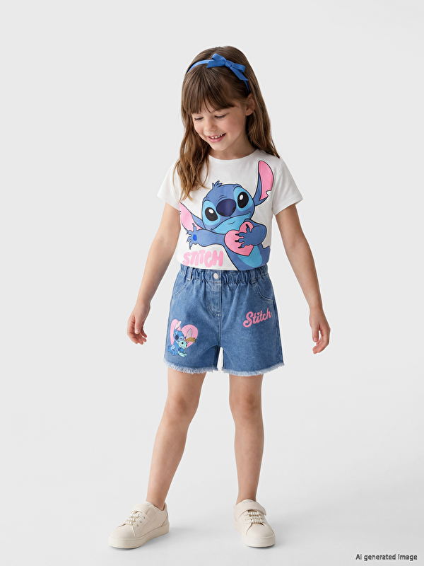 LCW Kids Lilo & Stitch Baskılı Kız Çocuk Jean Şort