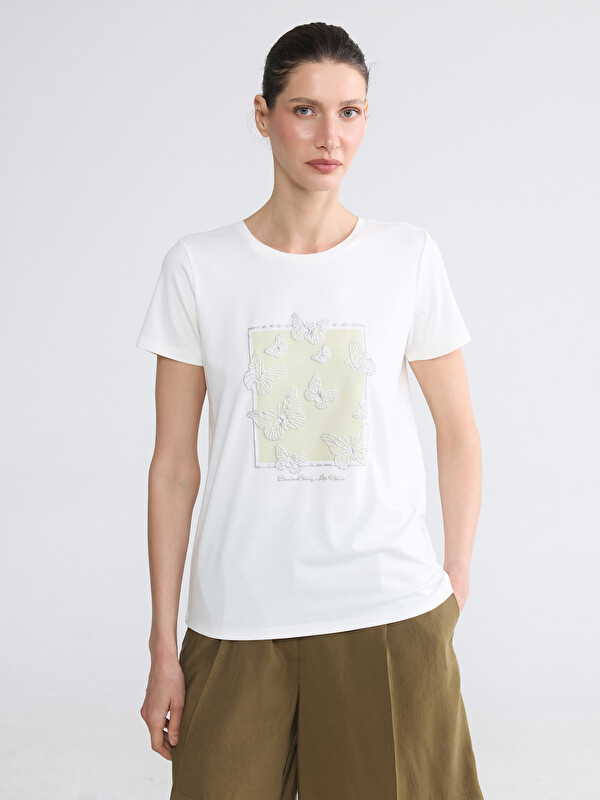 LCW EVERYDAY Crew Neck Butterfly Embroidered Women's T-Shirt
