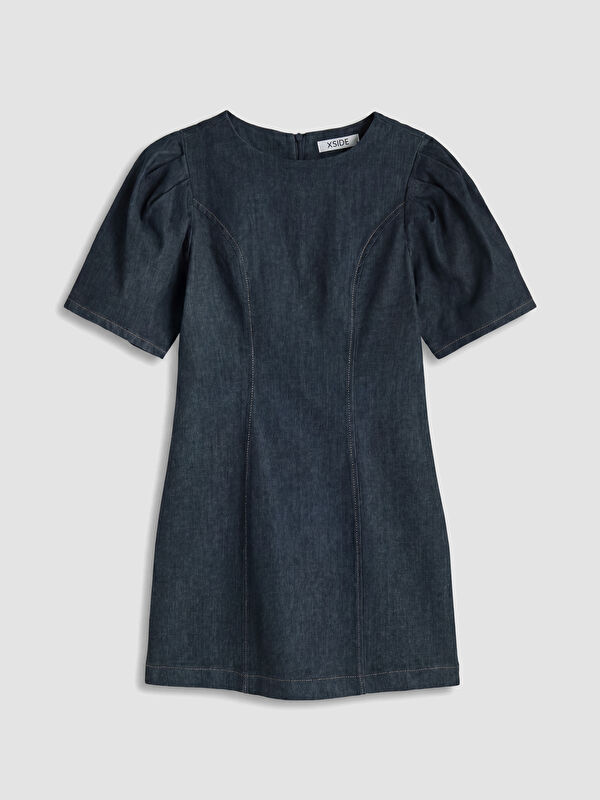 XSIDE Bisiklet Yaka Balon Kollu Mini Jean Elbise