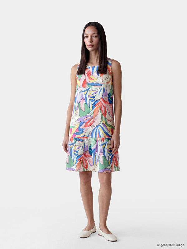 LCW EVERYDAY Crew Neck Floral Frilled Dress