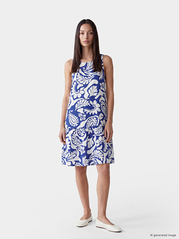 LCW EVERYDAY Crew Neck Patterned Frilled Dress
