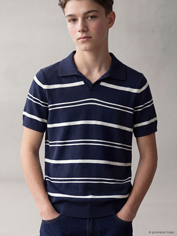 LCW Kids Polo Yaka Çizgili Erkek Çocuk Triko Kazak