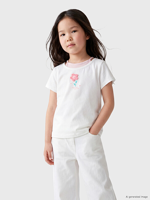 LCW Kids Çiçek Nakışlı Kız Çocuk Tişört