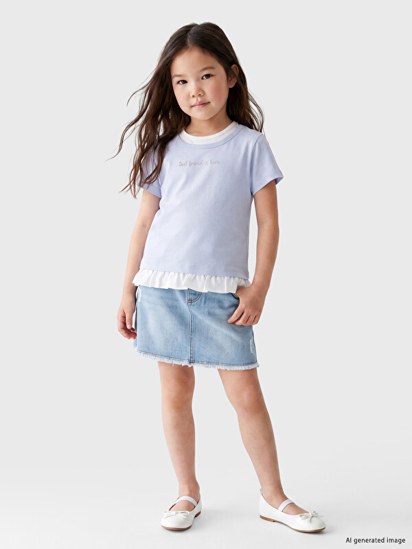 LCW Kids Crew Neck Printed Girls' Ruffled T-Shirt