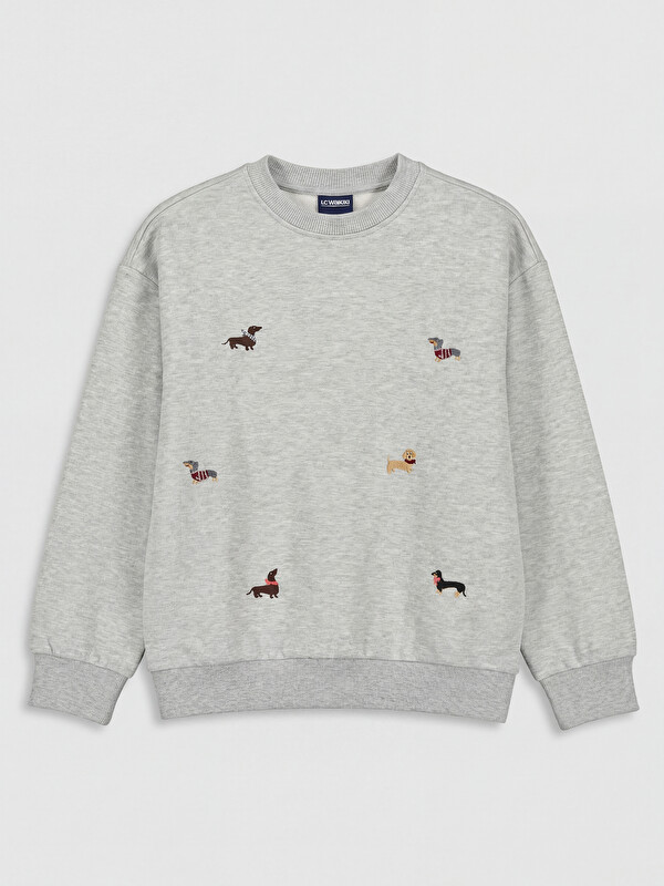 LCW Kids Bisiklet Yaka Nakışlı Kız Çocuk Sweatshirt