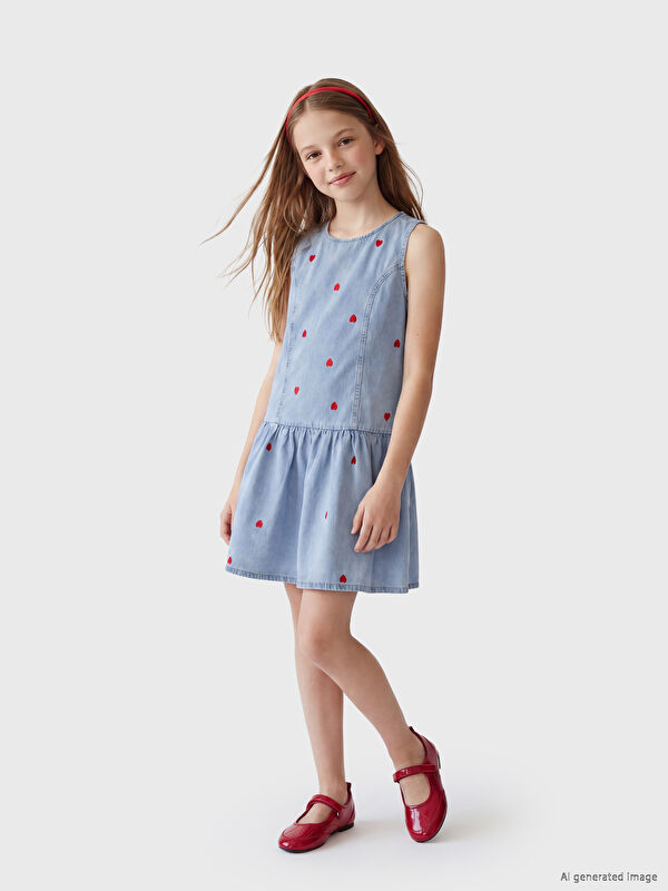 LCW Kids Kalp Nakışlı Kız Çocuk Jean Elbise