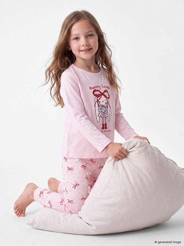LCW Kids Printed Crew Neck Girls' Pyjamas Set