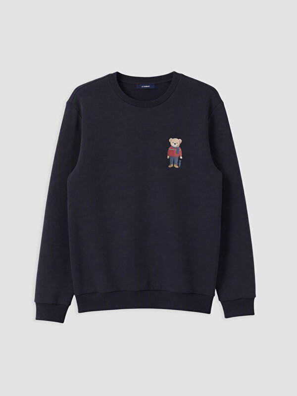 LC WAIKIKI Bisiklet Yaka Ayı Teddy Baskılı Erkek Sweatshirt