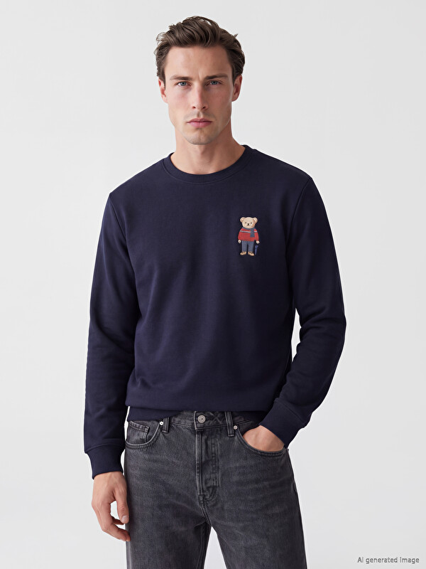 LC WAIKIKI Bisiklet Yaka Ayı Teddy Baskılı Erkek Sweatshirt