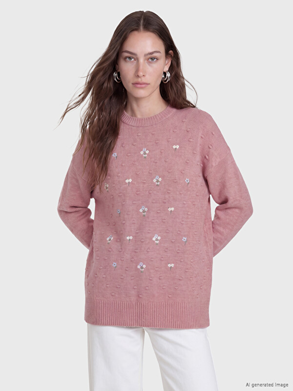 LCW Modest Crew Neck Flower Embroidered Women's Knitwear Tunic