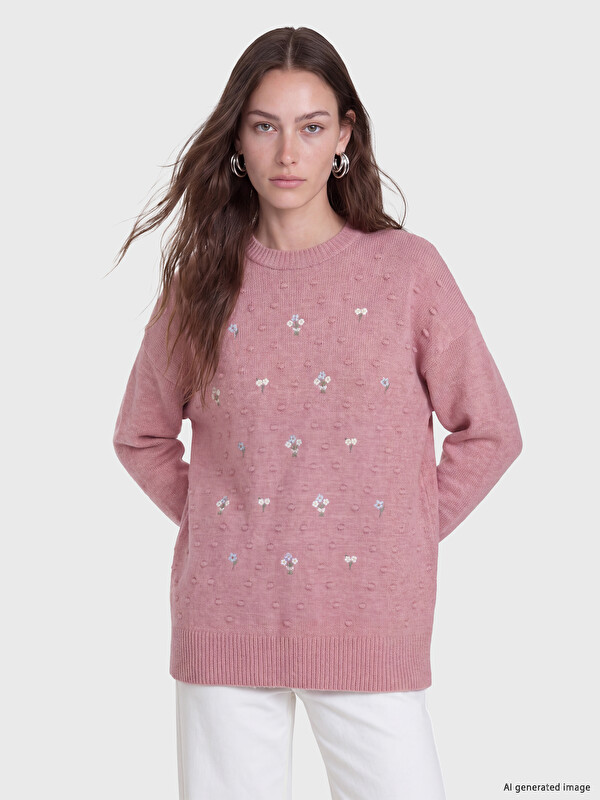LCW Modest Crew Neck Flower Embroidered Women's Knitwear Tunic