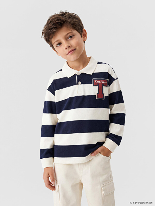 LCW Kids Polo Collar Striped Embroidered Boys' T-Shirt