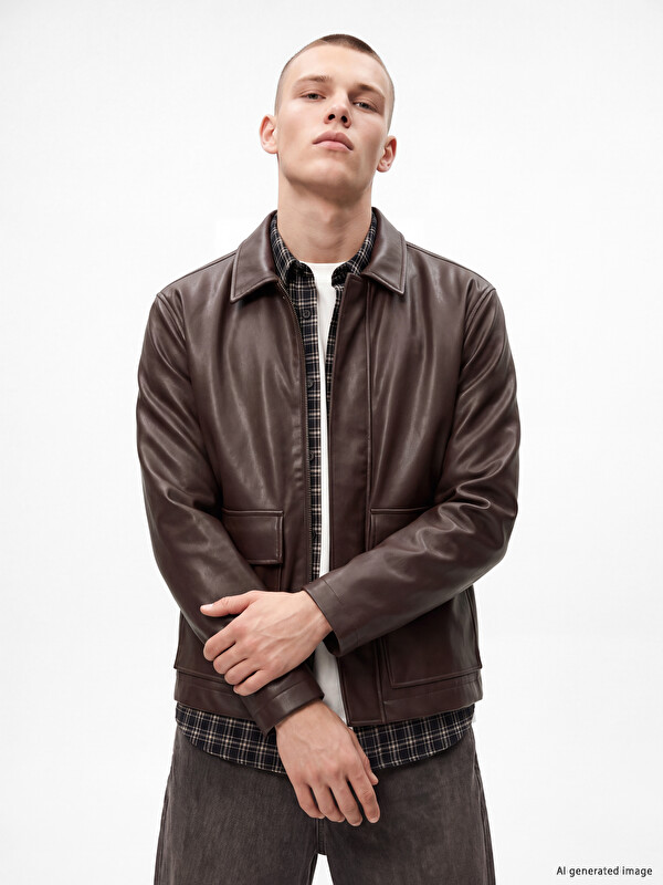 XSIDE Regular Fit Shirt Collar Men's Leather Look Coat