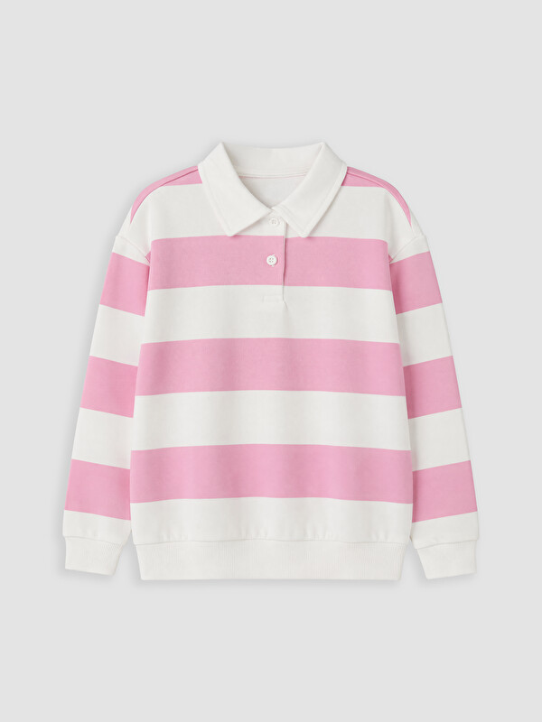 LCW Kids Polo Yaka Çizgili Kız Çocuk Sweatshirt