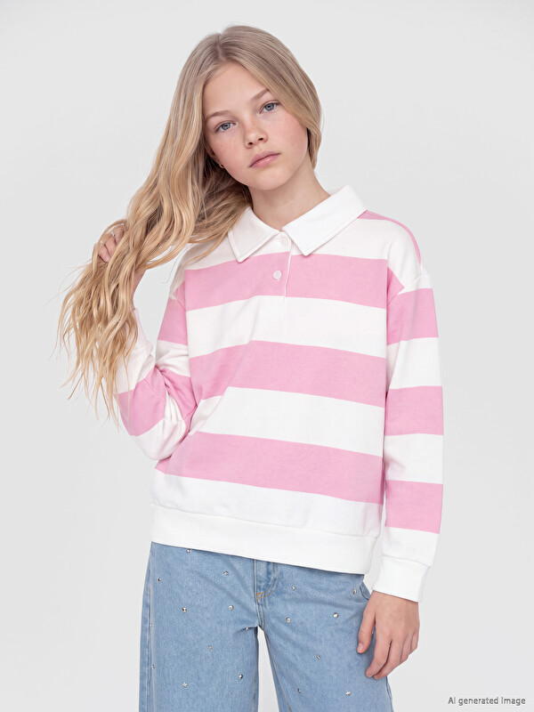 LCW Kids Polo Yaka Çizgili Kız Çocuk Sweatshirt
