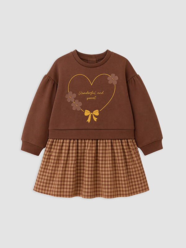 LCW Kids Crew Neck Printed Plaid Skirted Girls' Dress